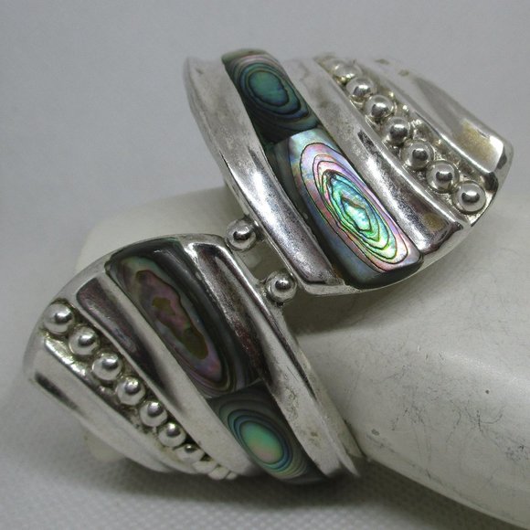 Wide ABALONE MEXICAN SILVER Clamper Mexican Cuff Bracelet Marked Alpaca Mexico - Picture 8 of 11